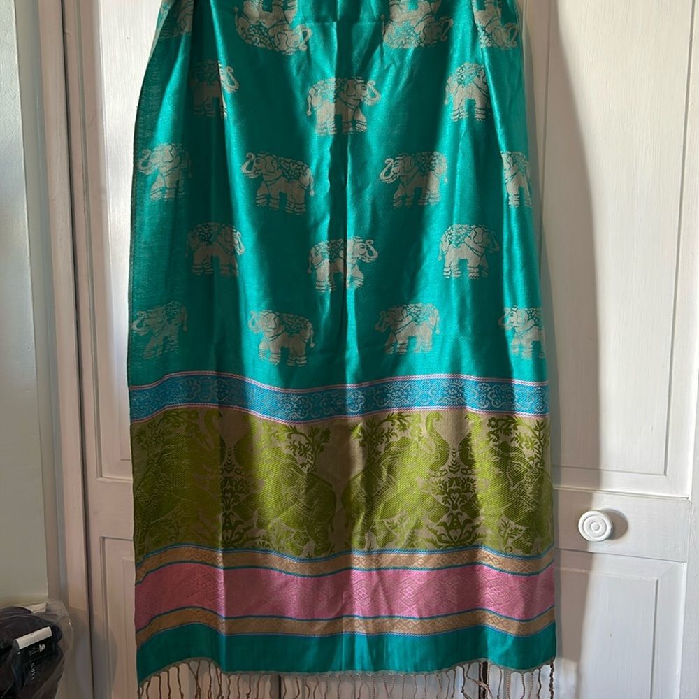 pashmina Teal, Green & Pink Elephant Motif Silk-Blend Scarf Wrap